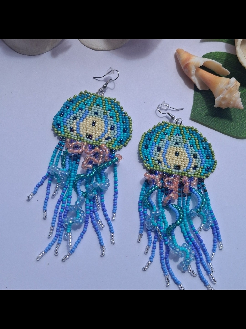 Handcrafted Teal & Blue Beaded Jellyfish Drop Earrings